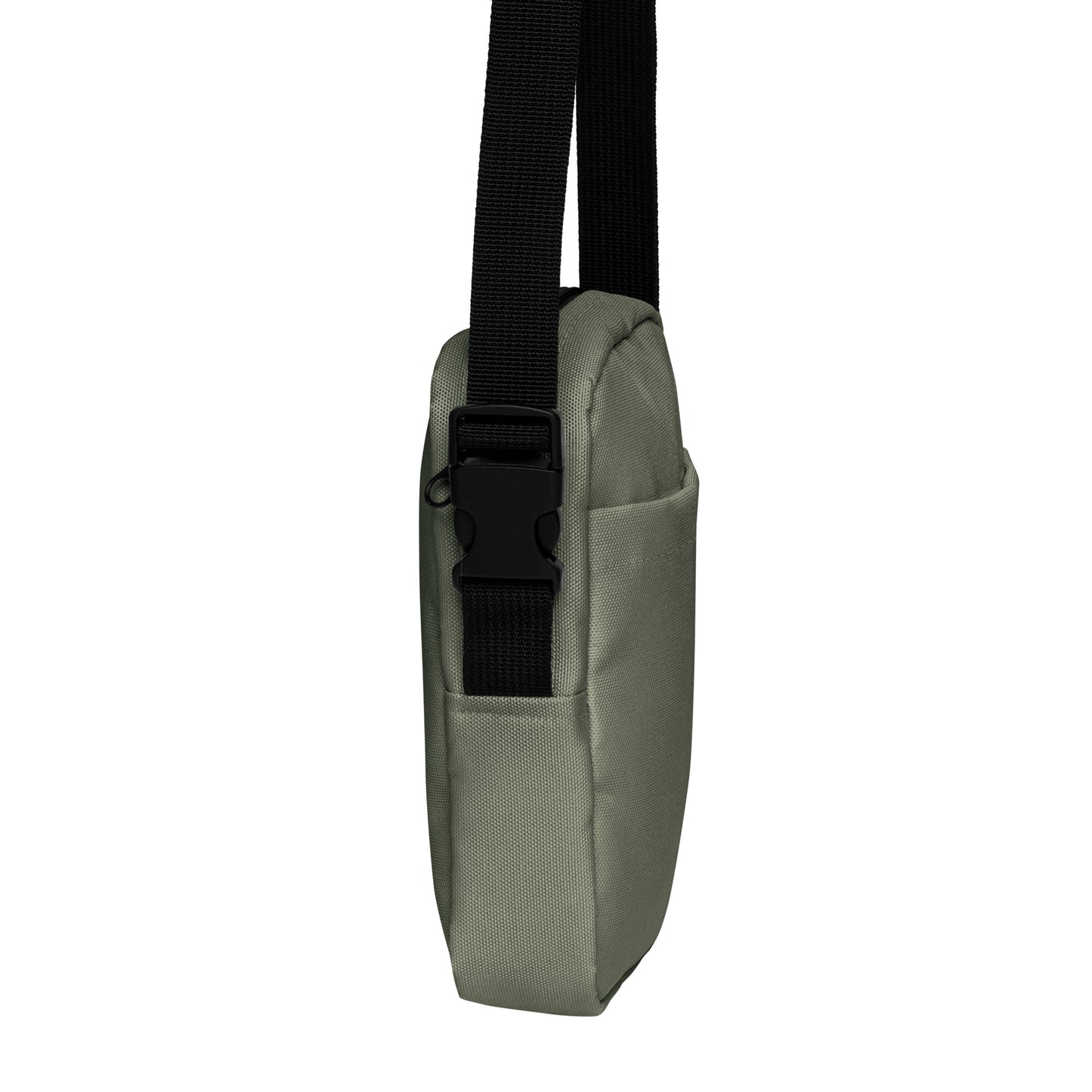Military green shoulder bag with a black strap on a white background