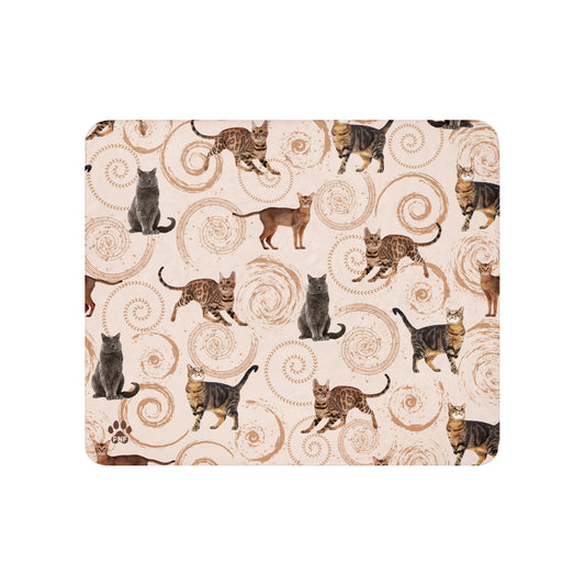 Cream sherpa blanket featuring illustrated cats in gray, brown, and tabby patterns surrounded by spiral swirls, luxury cat lover home décor by Pets N’ Faith.