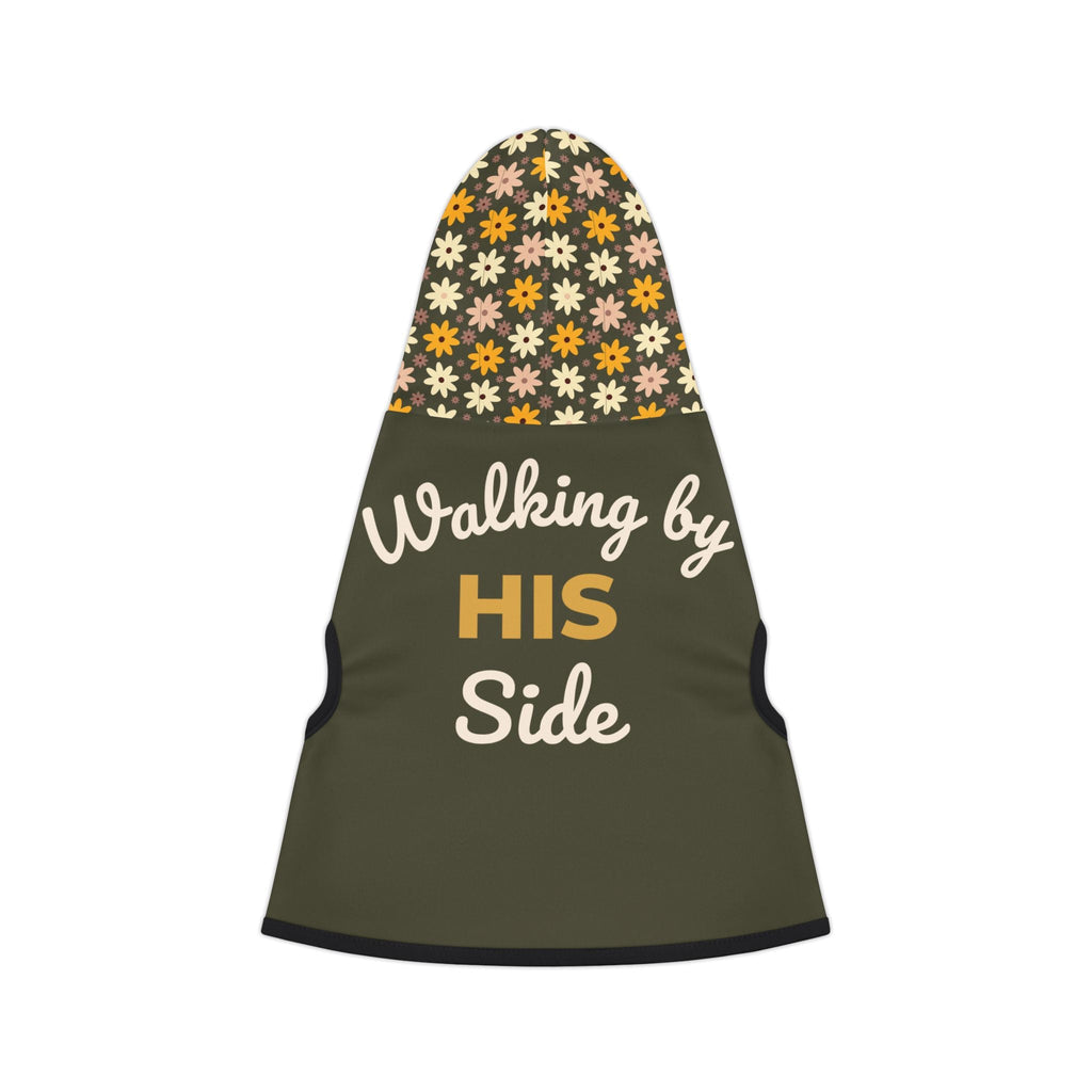 Army green colored pet hoodie with the words, "Walking by HIS side" with a floral hoodie