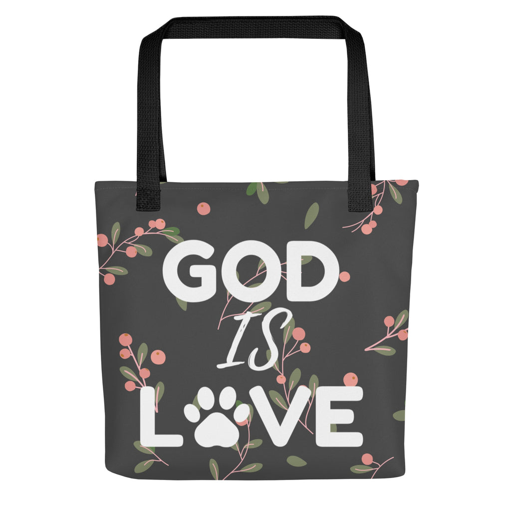 Front view of floral tote bag with the words, " God Is Love" in white text