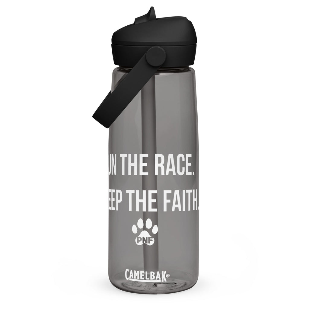 Camelbak Water Bottle in gray with the words, " Run the Race. Keep the Faith." in white text with a PNF logo below the words