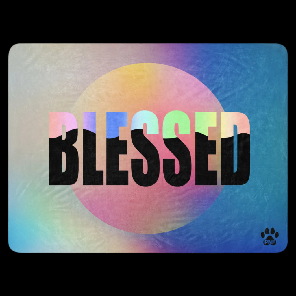 A multicolored sherpa blanket with the word, " BLESSED", in bold colorful text.