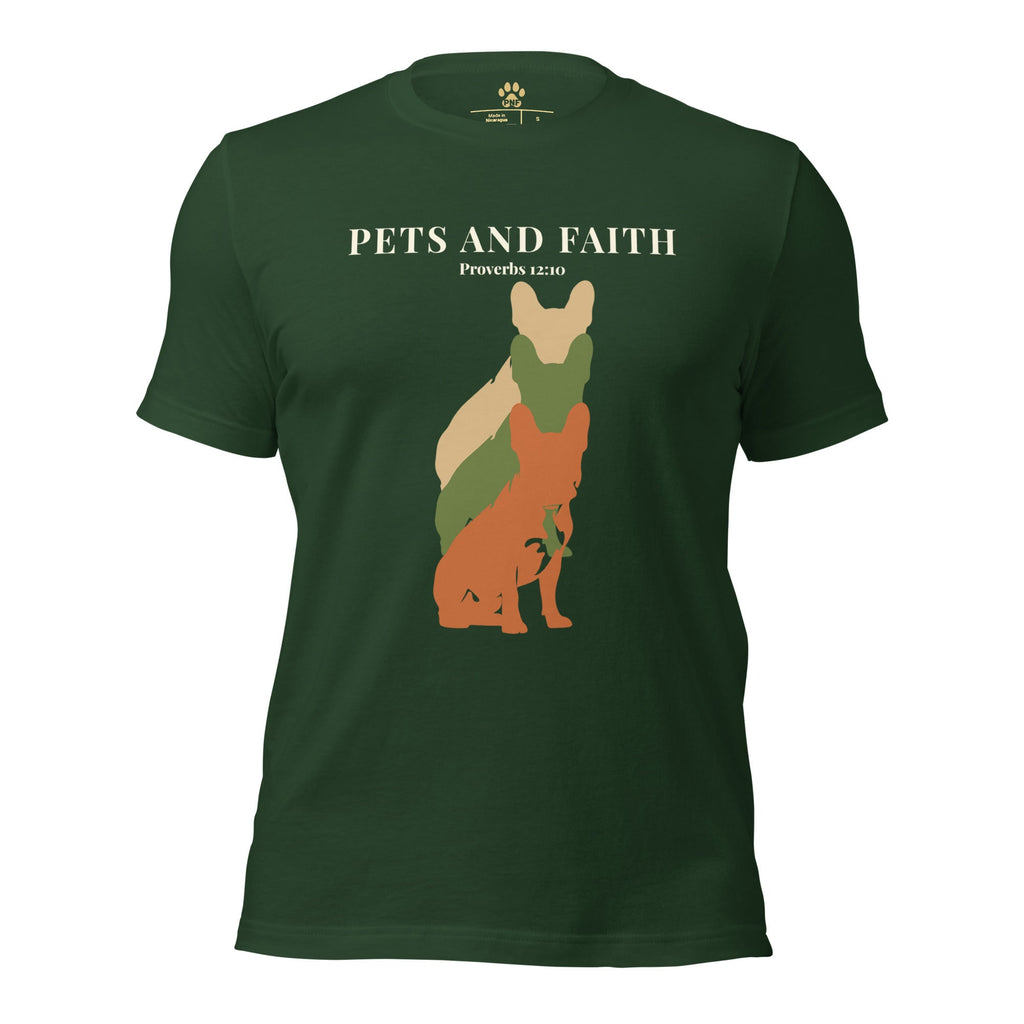 Front view of forest green unisex t-shirt with the words Pets N' Faith with a referenced scripture. There are three silhouettes of a dog as the image.