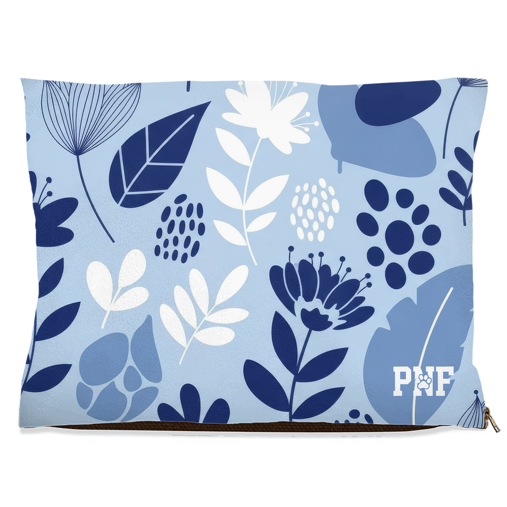 Navy Blue fleece pet bed with navy and white floral pattern and PNF logo stylish botanical Christian pet bed.