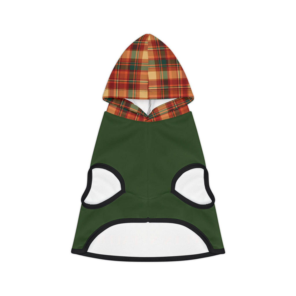 Forest green pet hoodie with red and gold plaid hood and “Pets N’ Faith” text – festive Christmas dog hoodie.