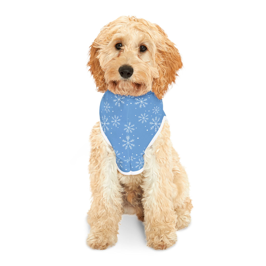 Light blue pet hoodie with white snowflake pattern and PNF paw logo at the bottom