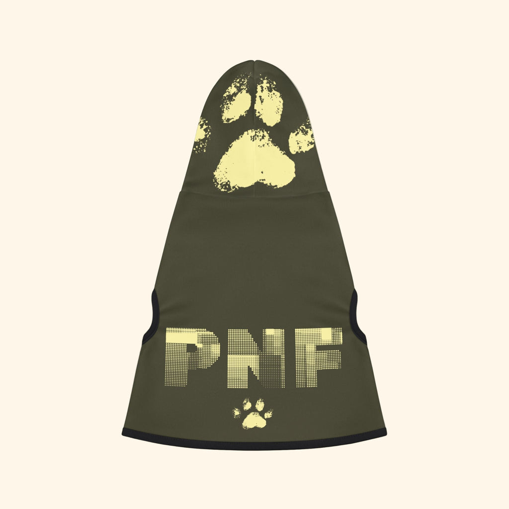 Olive green pet hoodie with yellow PNF logo and large paw print – military-inspired Christian dog hoodie.