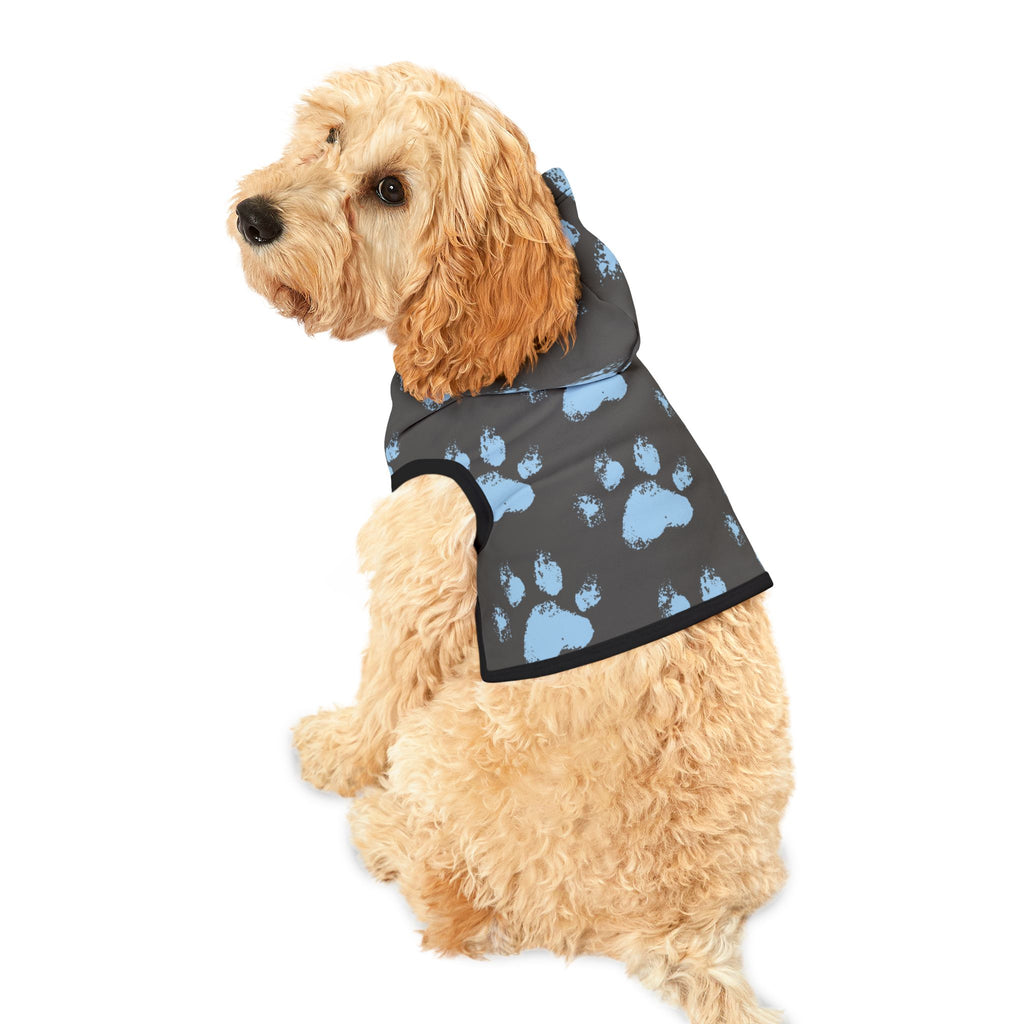 Gray pet hoodie with scattered light blue paw prints – fun faith-inspired dog hoodie for everyday wear.