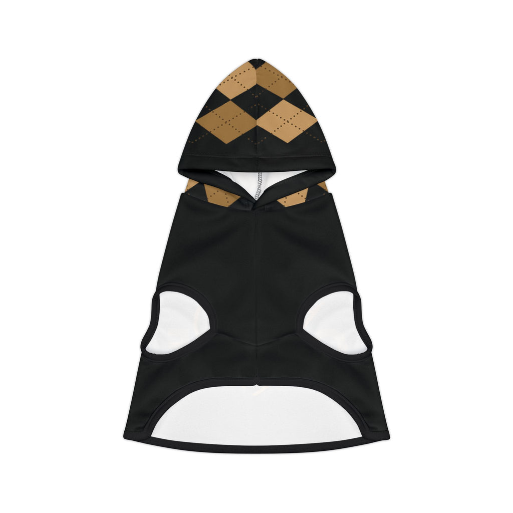 Inside view of black pet hoodie with plaid hood, showing armholes and white lining.
