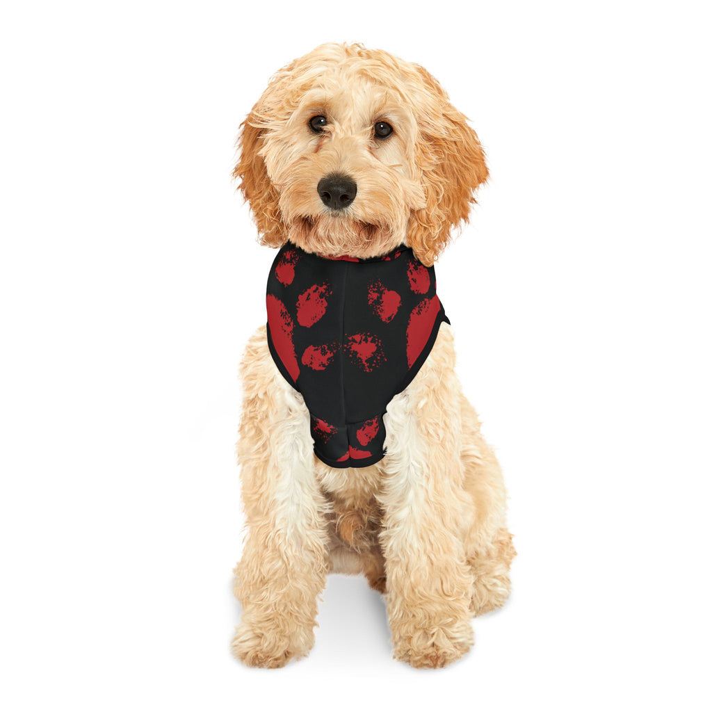 Black pet hoodie with bold red paw prints – stylish and warm Christian dog hoodie for winter walks.