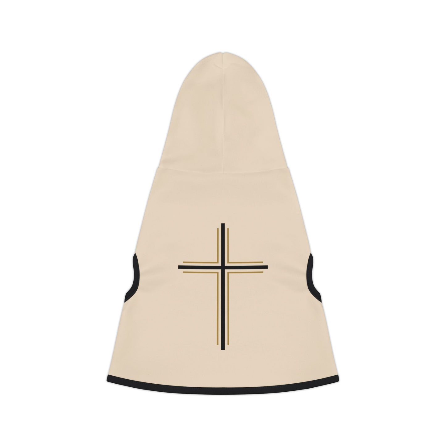 Beige dog coat with a black cross design on a white background