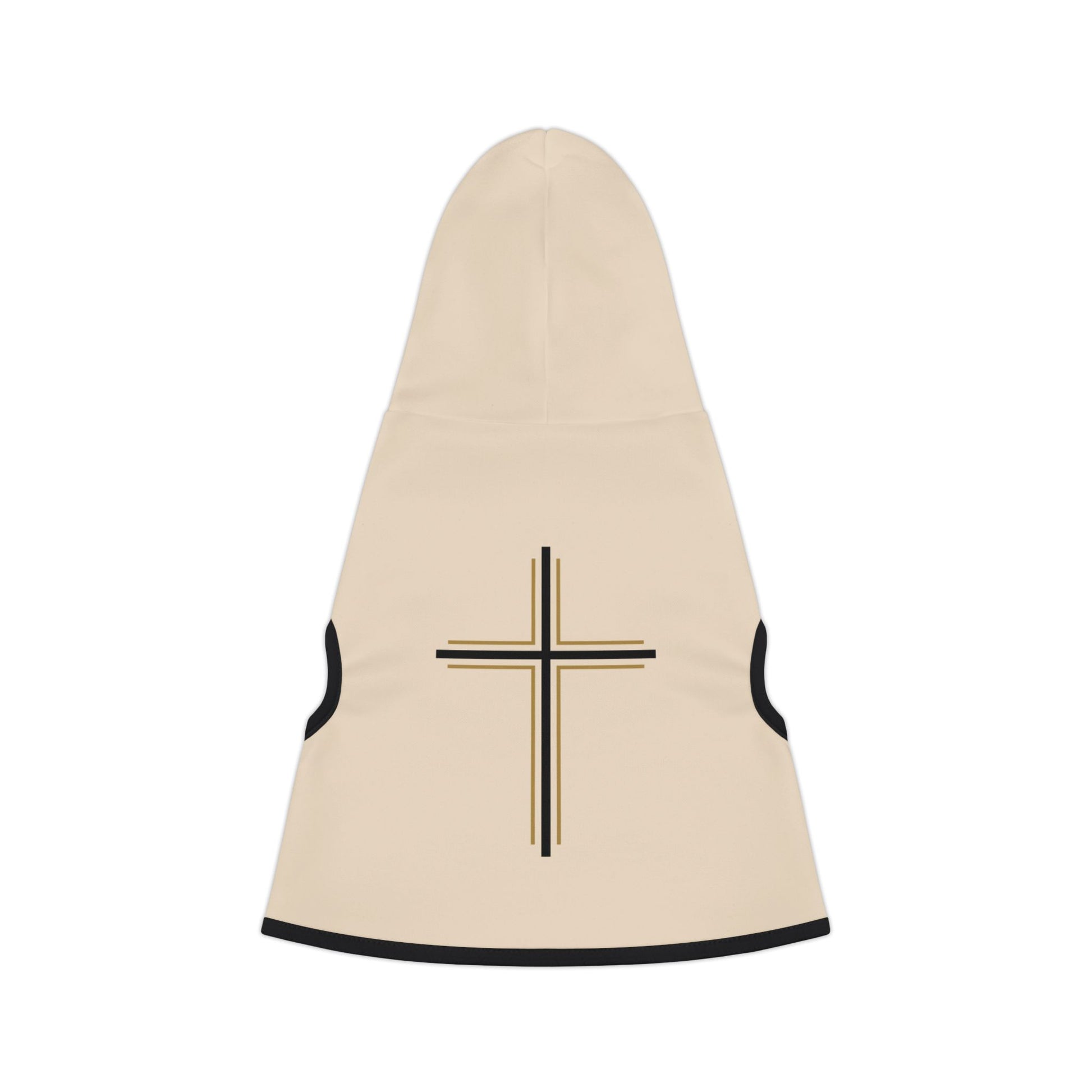Beige dog coat with a black cross design on a white background