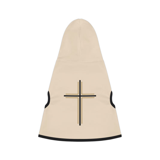 Beige dog coat with a black cross design on a white background