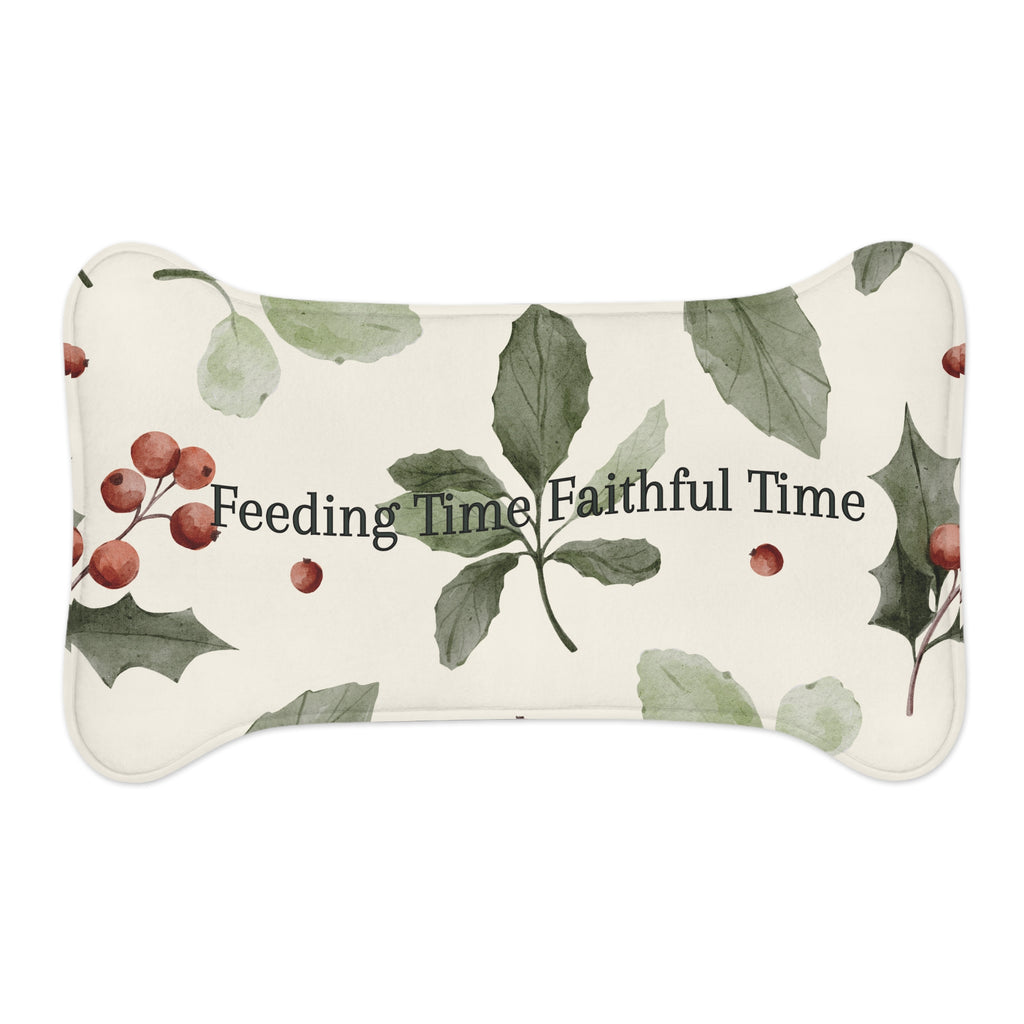 Bone‑shaped plush pet feeding mat in dark purple with gold heart‑of‑paw‑prints graphic and text “Risen Love Renewed Paw”