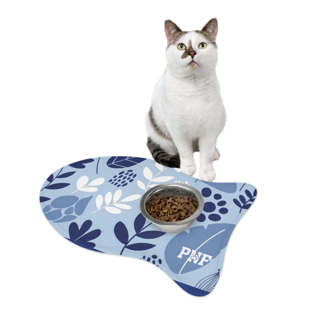 Blue floral feeding mat with the PNF logo in white on the bottom corner. 