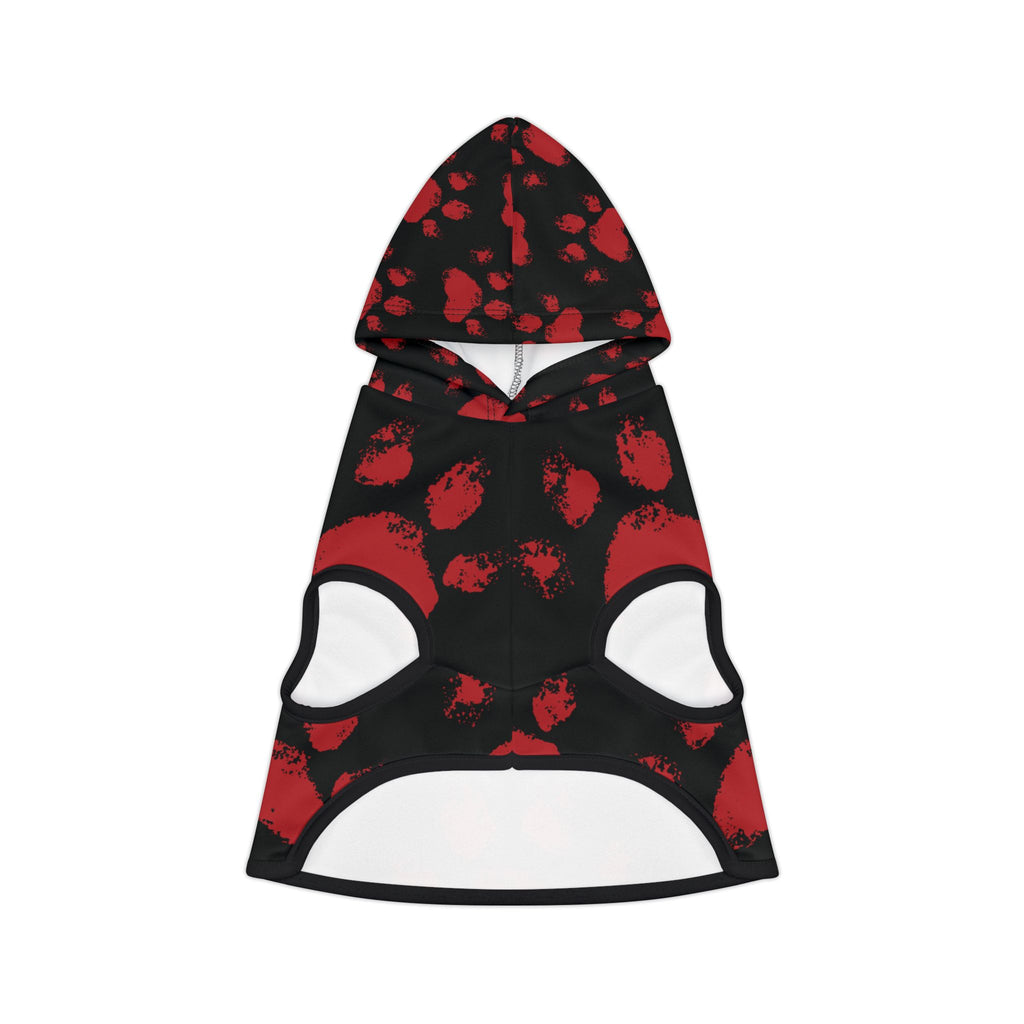 Black pet hoodie with bold red paw prints – stylish and warm Christian dog hoodie for winter walks.
