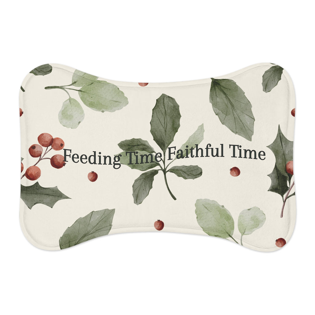 Bone‑shaped plush pet feeding mat in dark purple with gold heart‑of‑paw‑prints graphic and text “Risen Love Renewed Paw”