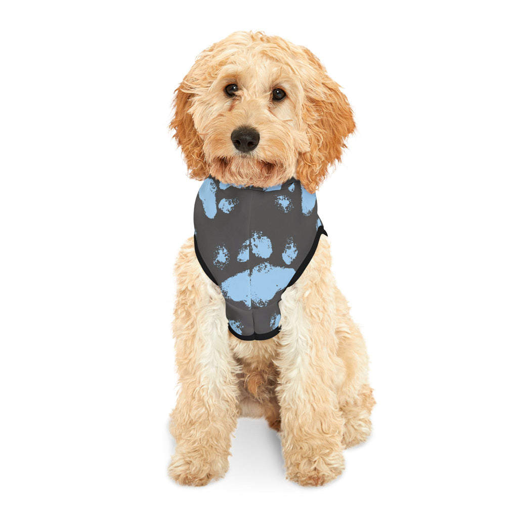 Gray pet hoodie with scattered light blue paw prints – fun faith-inspired dog hoodie for everyday wear.