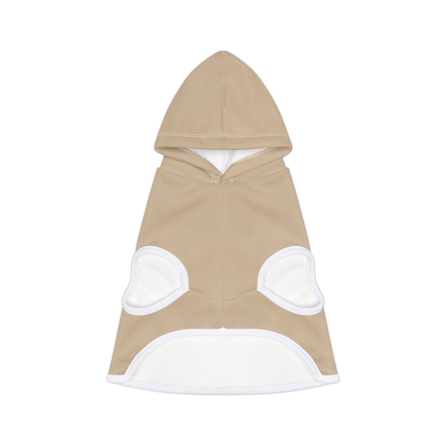 Beige dog hoodie with white accents on a white background