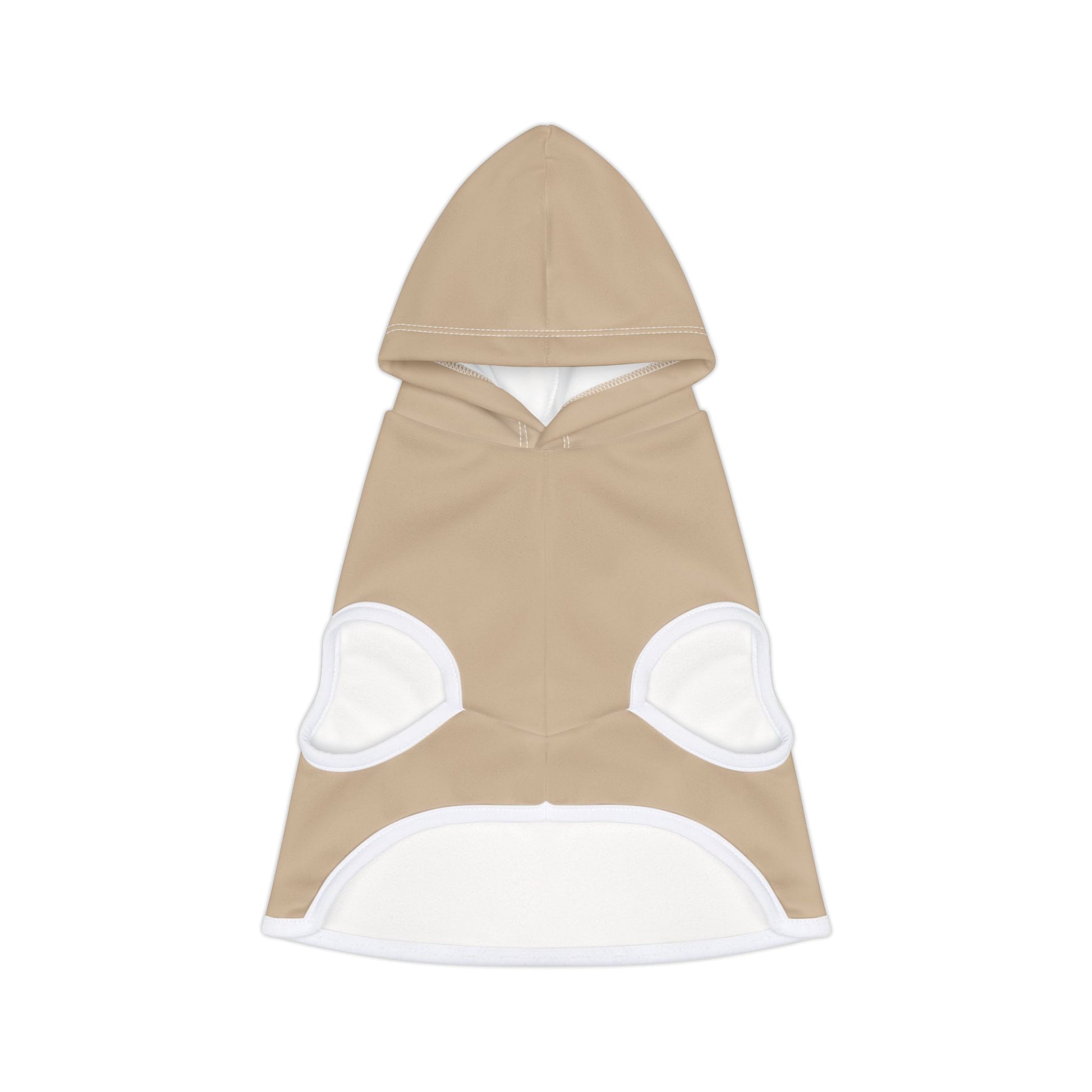Beige dog hoodie with white accents on a white background