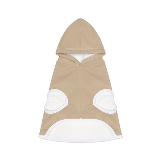 Beige dog hoodie with white accents on a white background