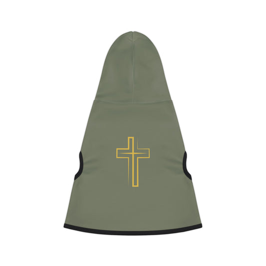 Green dog coat with a yellow cross on a white background