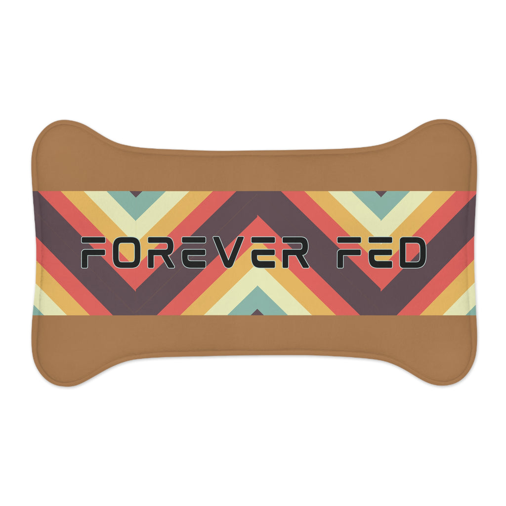 Flat view of caramel colored pet food mat with bold black text “Forever Fed” and colorful diagonal stripe design.