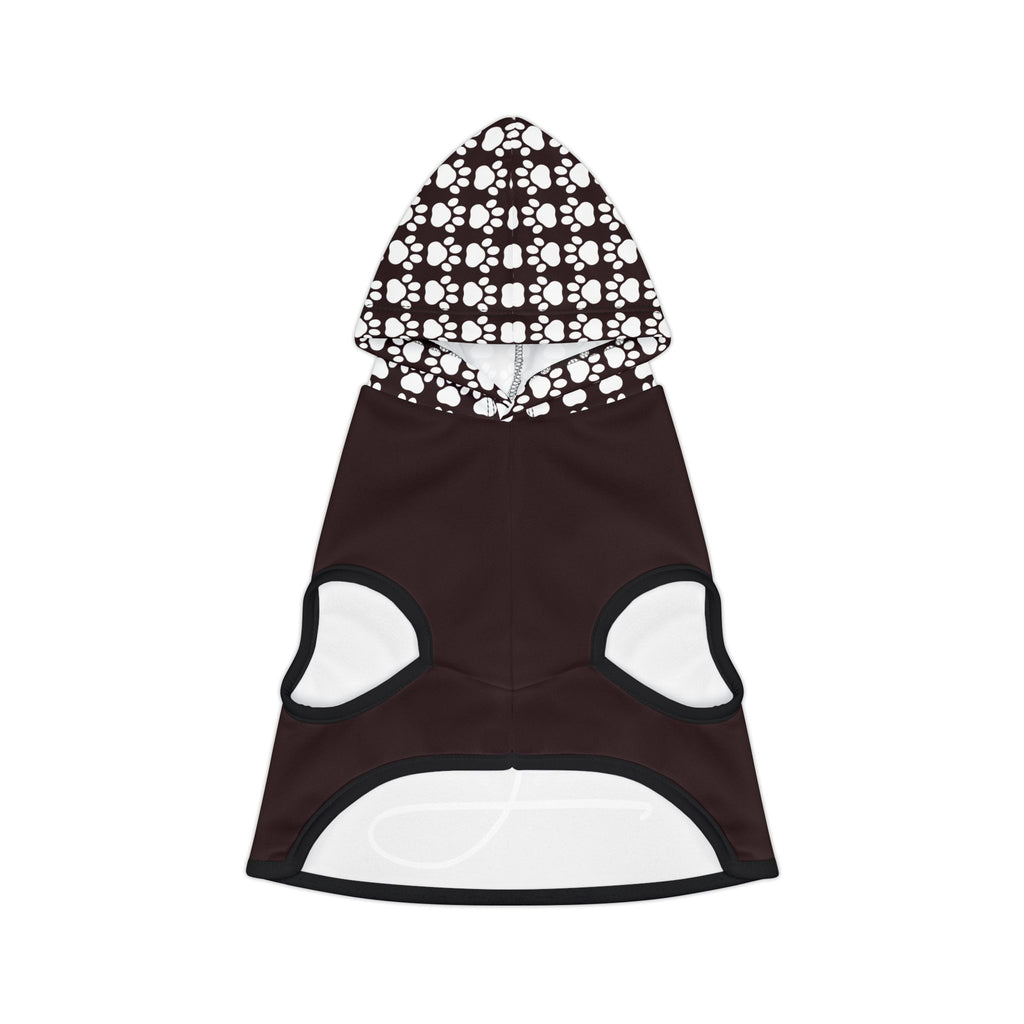 Oxblood black pet hoodie with  the word, " JESUS" in large font and small paw print on the hood.