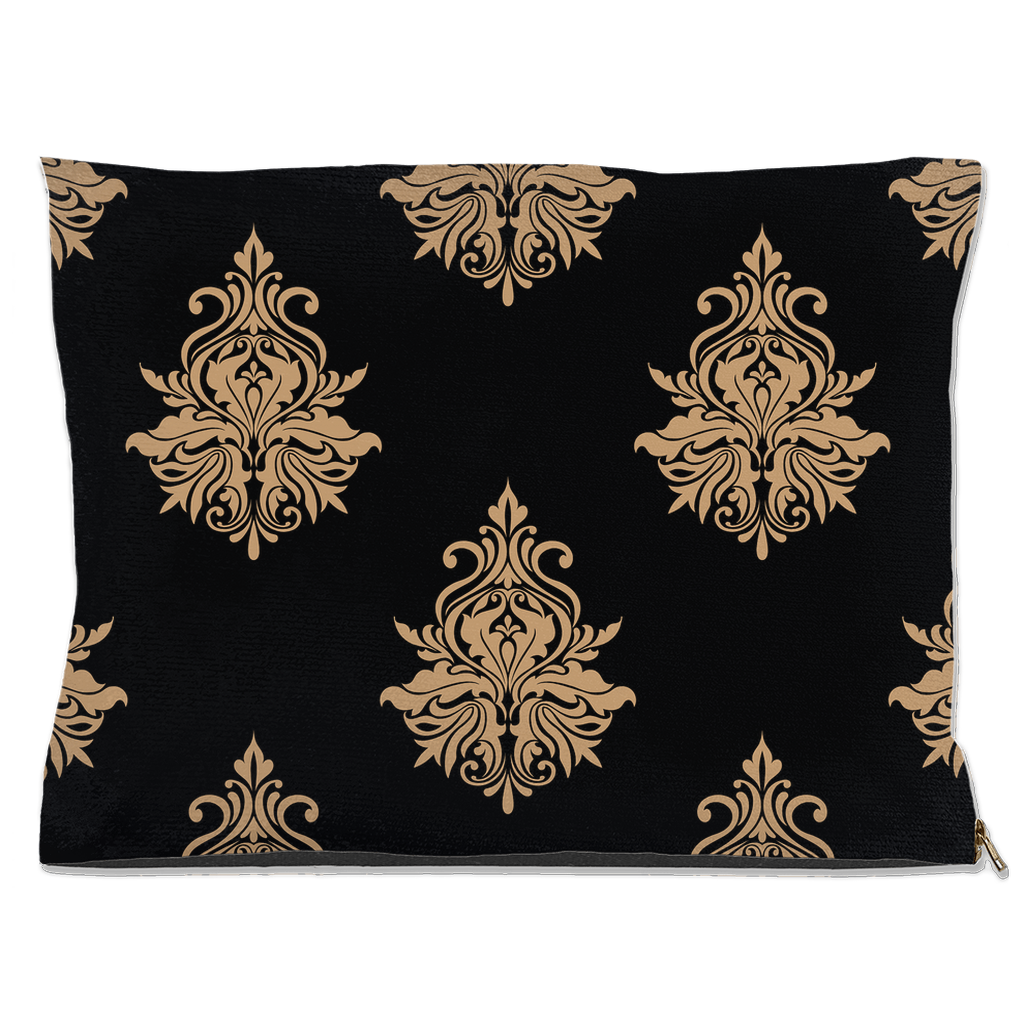 DogBed-Outdoor-30x40-20251120222923940-Black pet bed with repeating gold damask pattern.