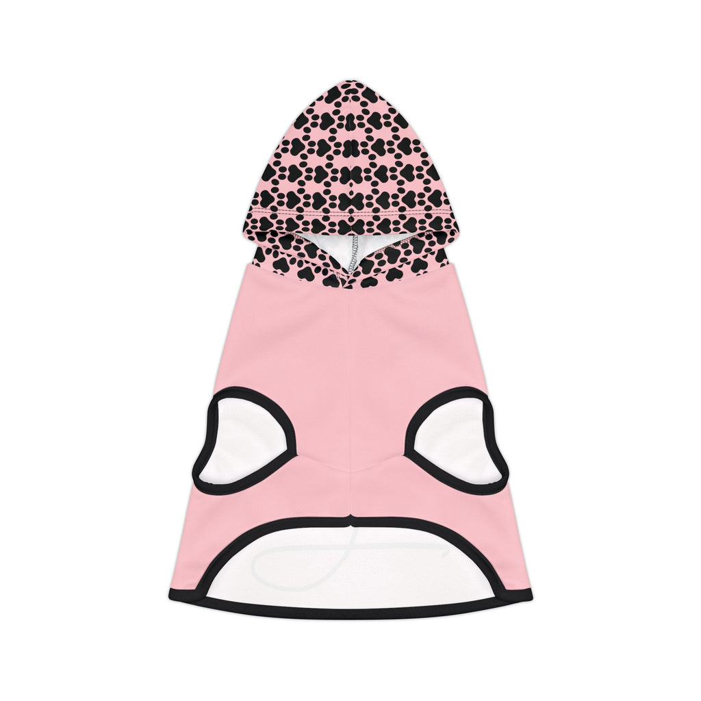 Soft pink pet hoodie with  the word, "JESUS" in large font and small white paw prints on the hood.