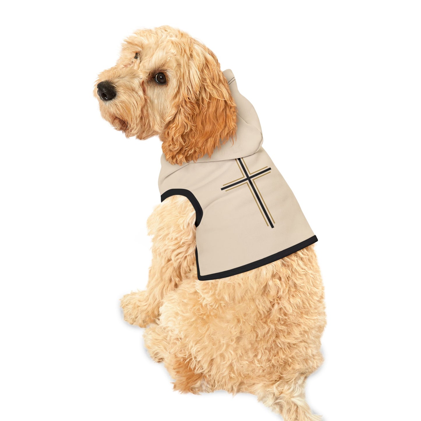 Dog wearing a beige coat with a cross design on a white background