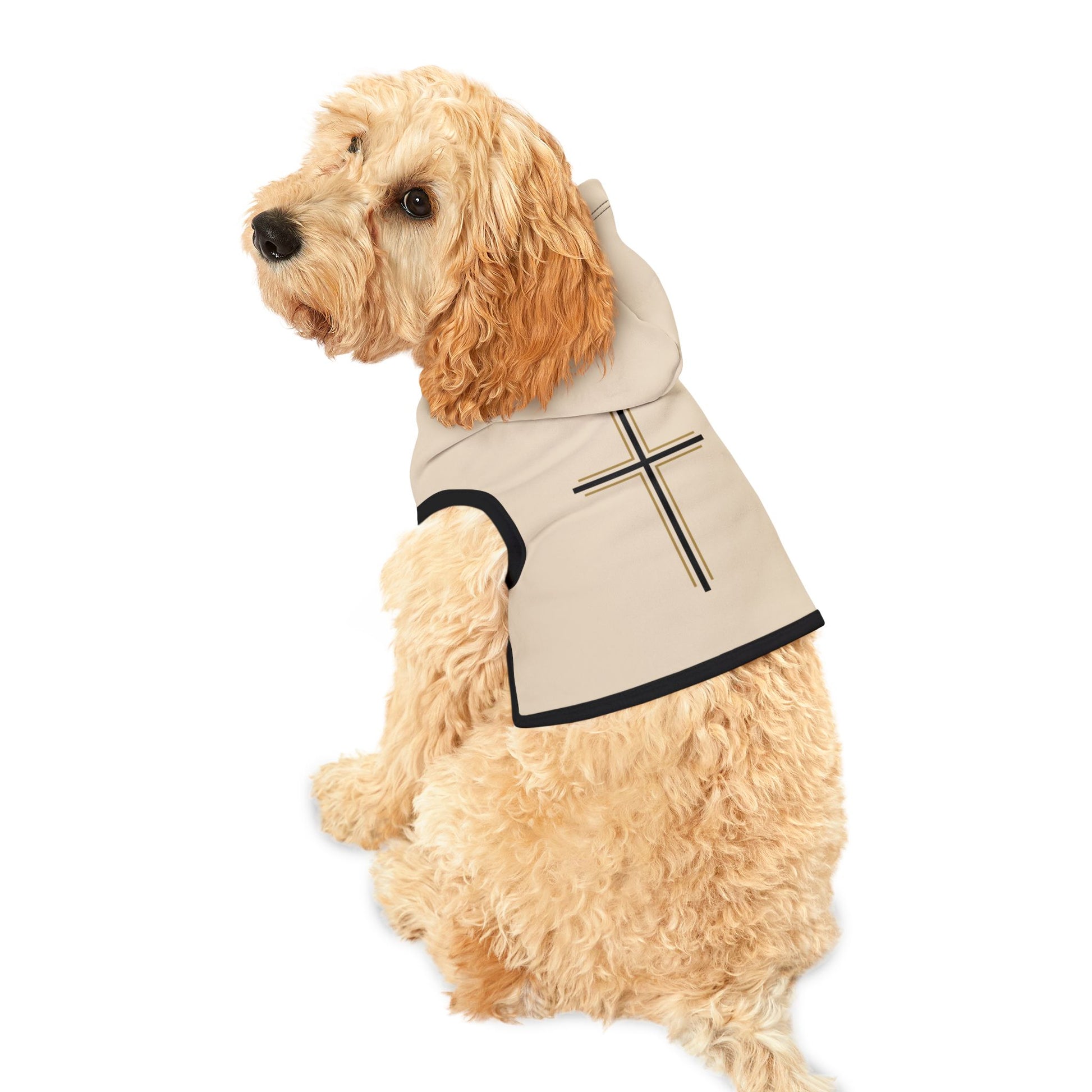 Dog wearing a beige coat with a cross design on a white background