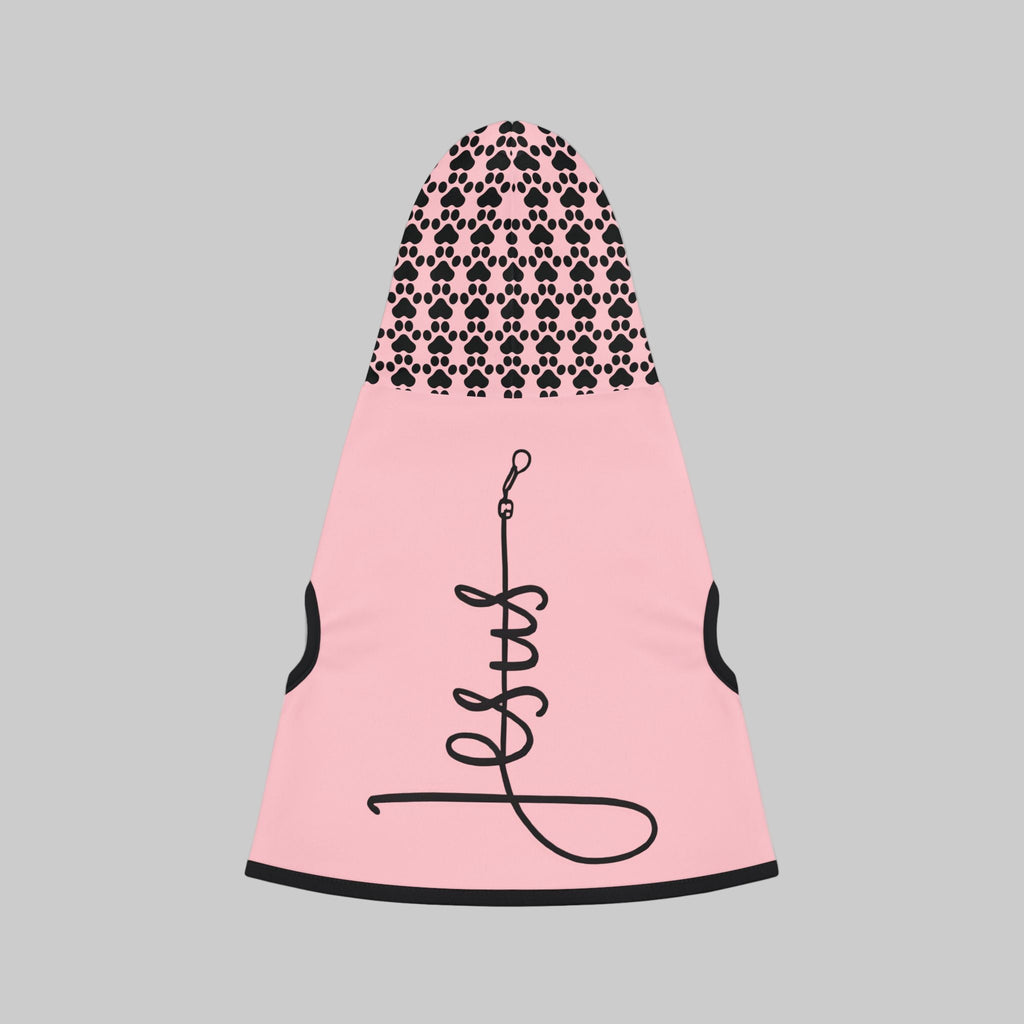 Soft pink pet hoodie with  the word, "JESUS" in large font and small white paw prints on the hood.