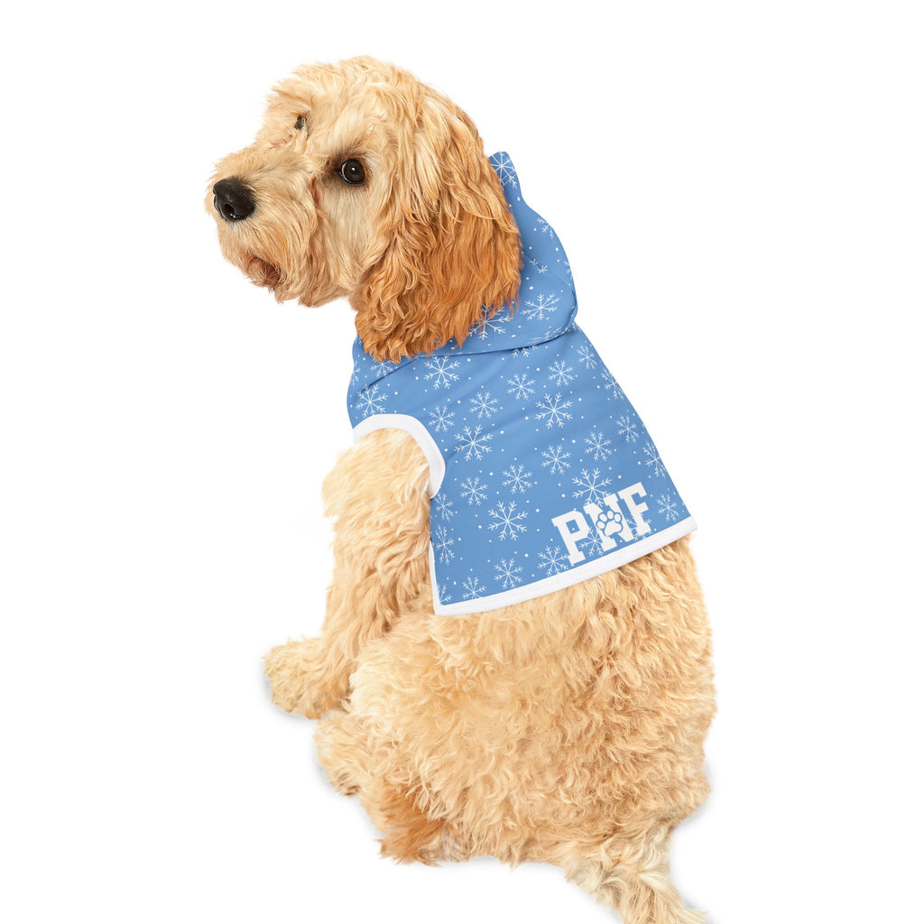 Light blue pet hoodie with white snowflake pattern and PNF paw logo at the bottom