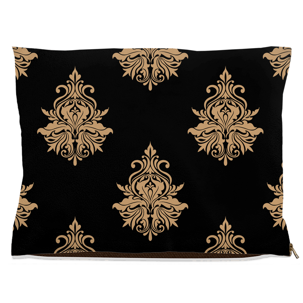 DogBed-Fleece-30x40-20251120222923940-Black pet bed with repeating gold damask pattern.