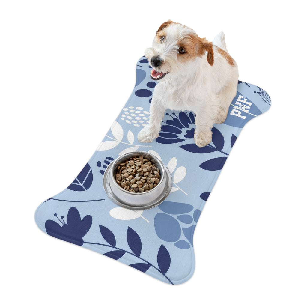 Blue floral feeding mat with the PNF logo in white on the bottom corner. 
