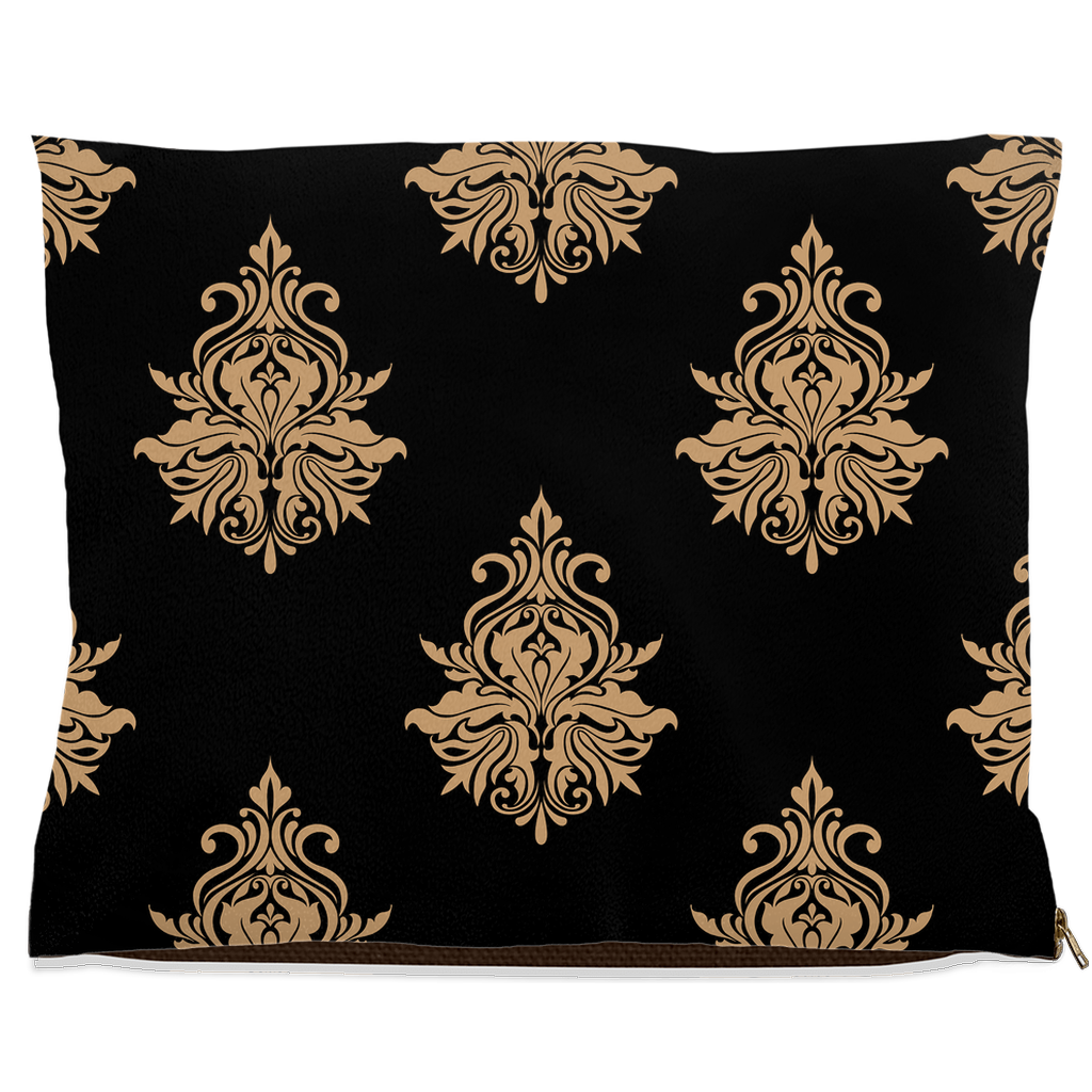 DogBed-Fleece-40x50-20251120222923940-Black pet bed with repeating gold damask pattern.
