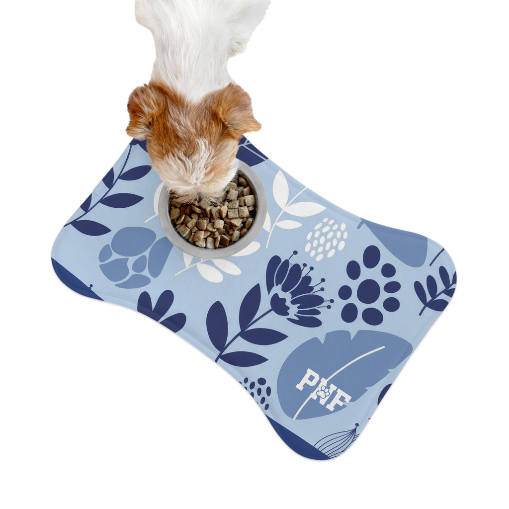 Blue floral feeding mat with the PNF logo in white on the bottom corner. 