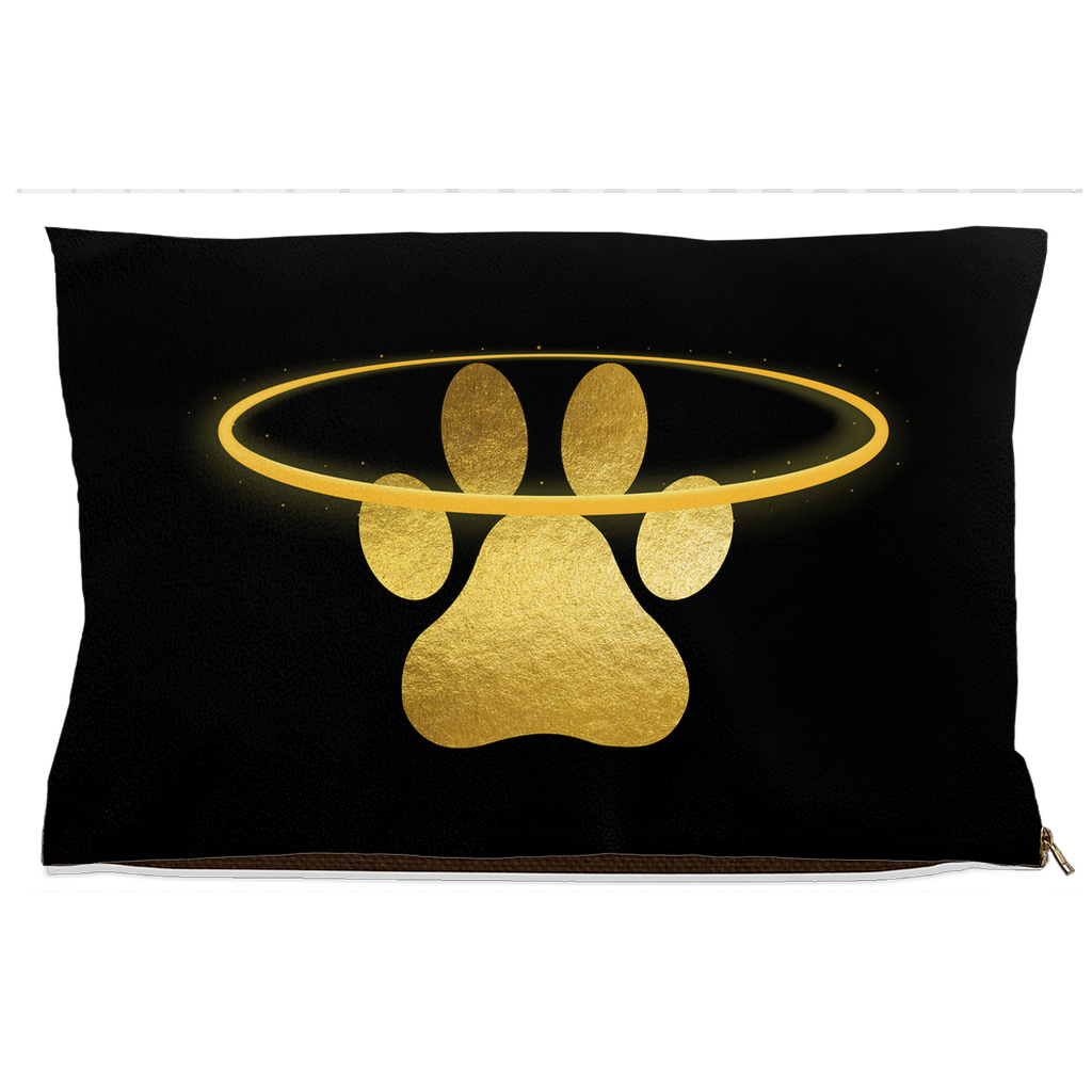 DogBed-Fleece-18x28-20251103194803940-Black pet bed with glowing gold paw print and halo design.
