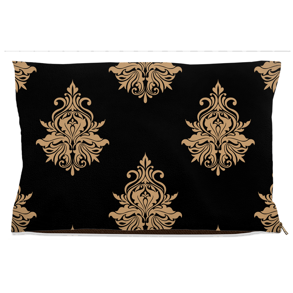 DogBed-Fleece-18x28-20250819191539323-Black pet bed with repeating gold damask pattern.