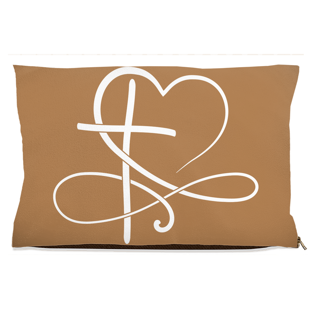 DogBed-Fleece-18x28-20251120224650162-Tan pet bed with white cross and heart infinity design on the front