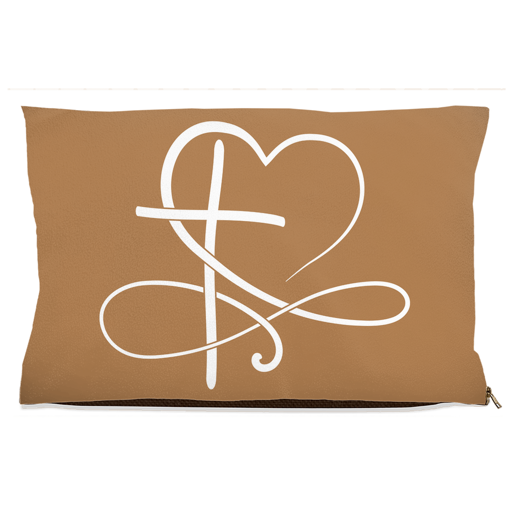Tan pet pillow with a white heart and line design on a white background