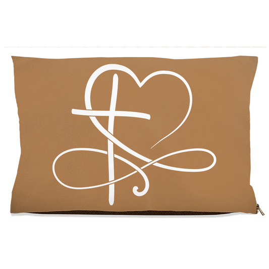 Tan pet pillow with a white heart and line design on a white background