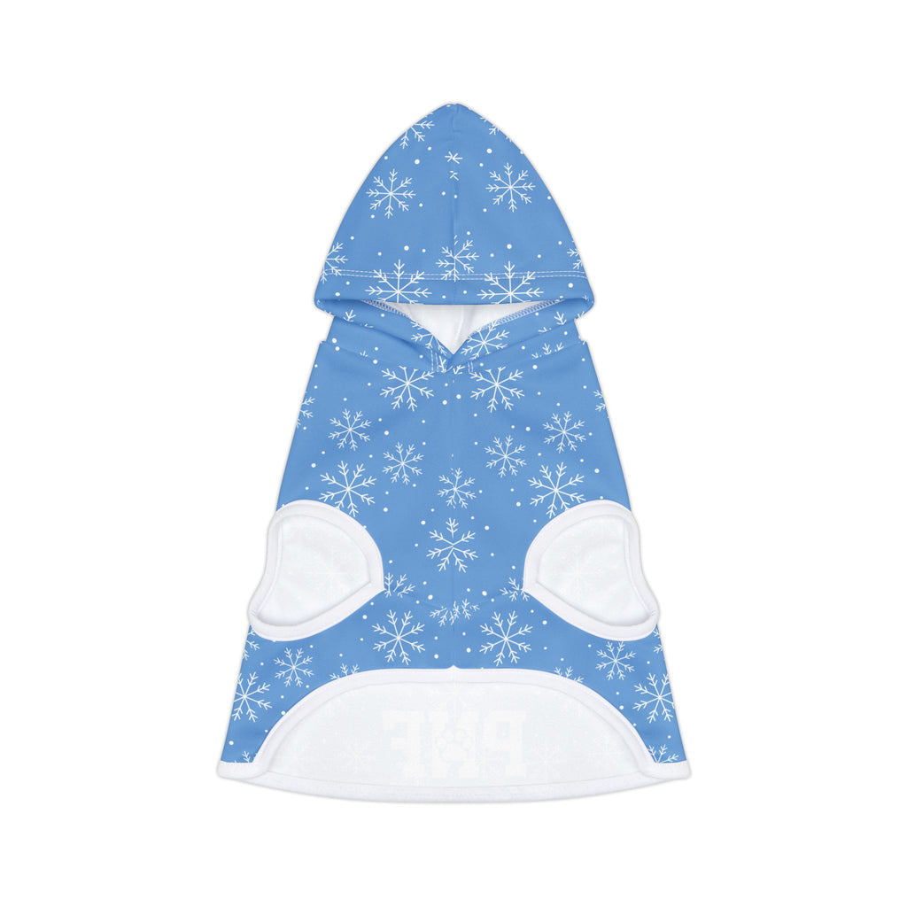 Light blue pet hoodie with white snowflake pattern and PNF paw logo at the bottom