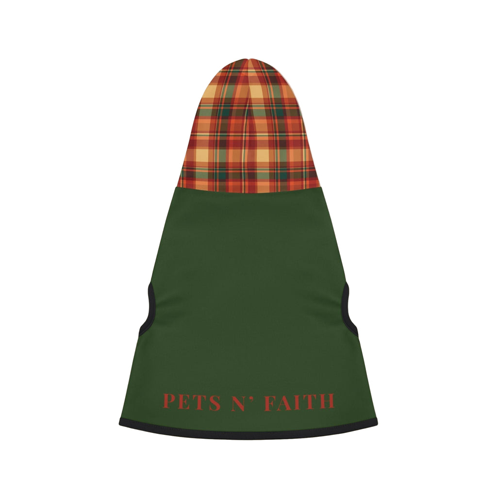 Forest green pet hoodie with red and gold plaid hood and “Pets N’ Faith” text – festive Christmas dog hoodie.