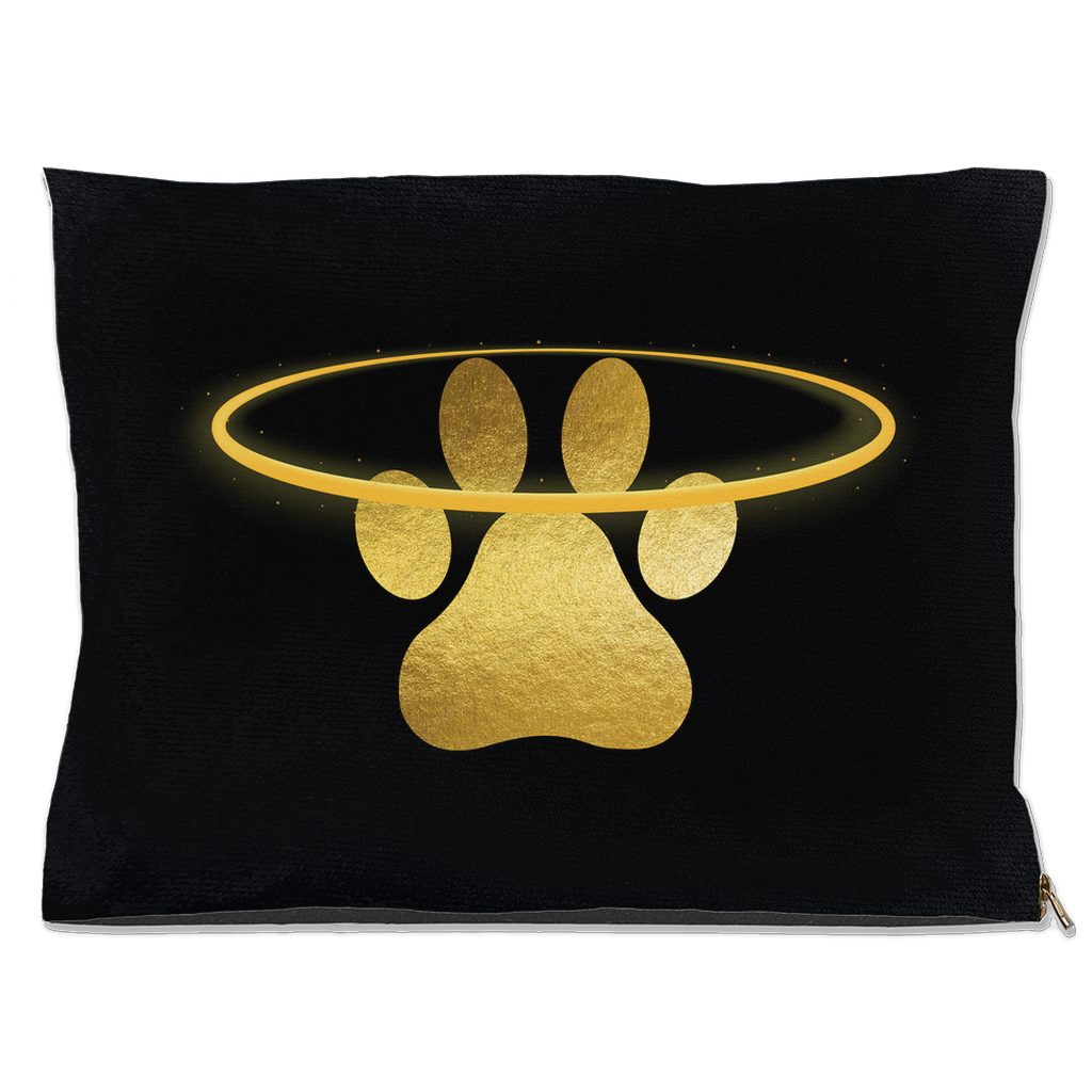 DogBed-Outdoor-30x40-20251103194803940-Black pet bed with glowing gold paw print and halo design.