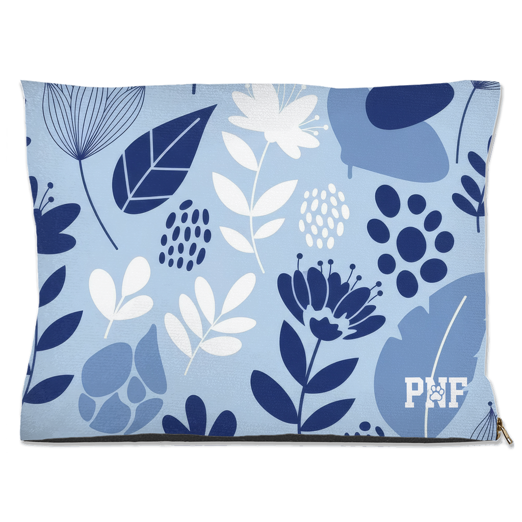 Navy Blue outdoor pet bed with navy and white floral pattern and PNF logo stylish botanical Christian pet bed.