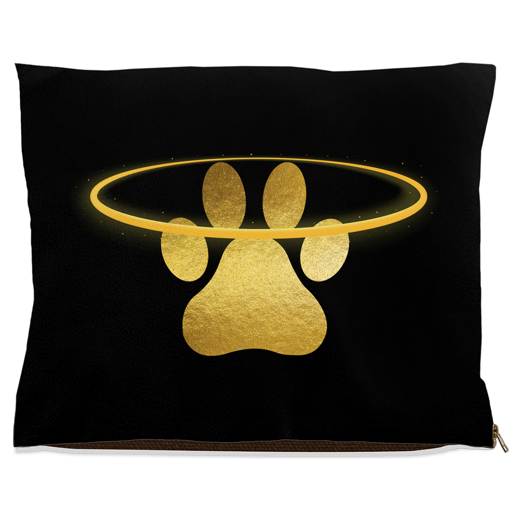 DogBed-Fleece-40x50-20251103194803940-Black pet bed with glowing gold paw print and halo design.