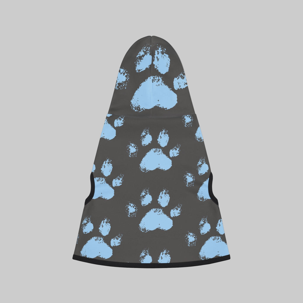 Gray pet hoodie with scattered light blue paw prints – fun faith-inspired dog hoodie for everyday wear.
