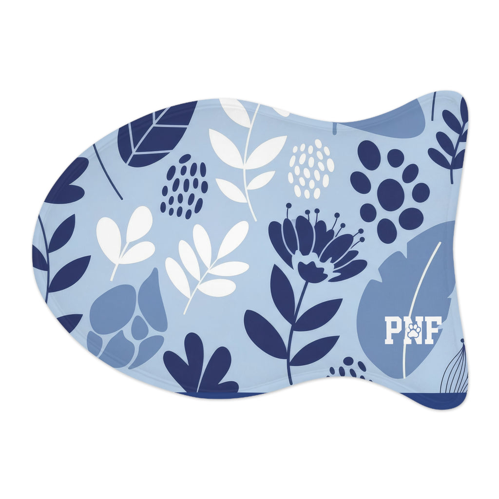 Blue floral feeding mat with the PNF logo in white on the bottom corner. 
